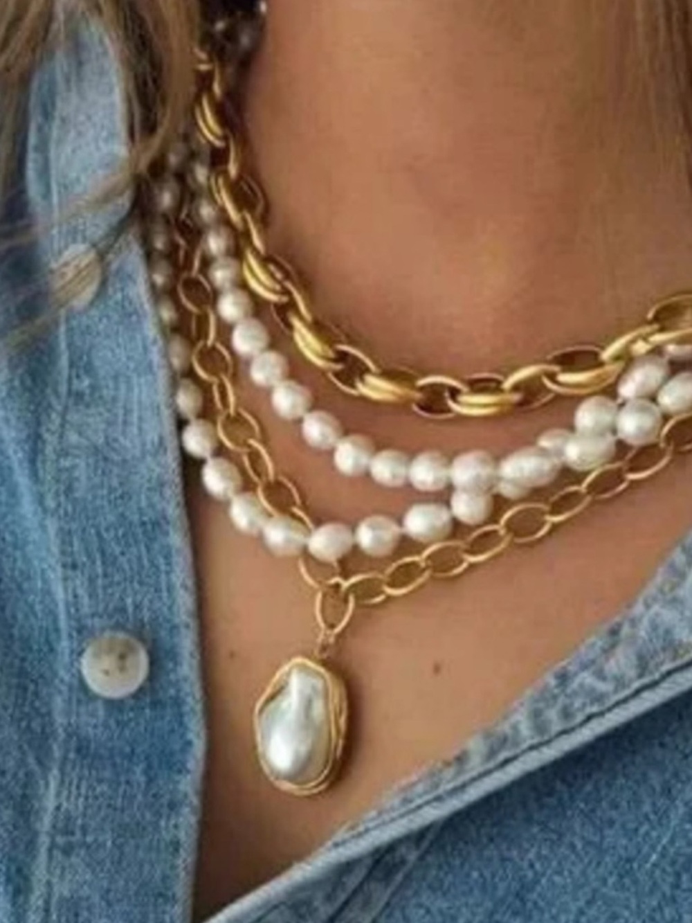 New! 24k Gold Plated Baroque Pearl Necklace Stack Set Gift Minimalist